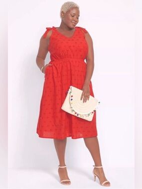 Lane Bryant Red Eyelet Tie-Shoulder Midi Dress